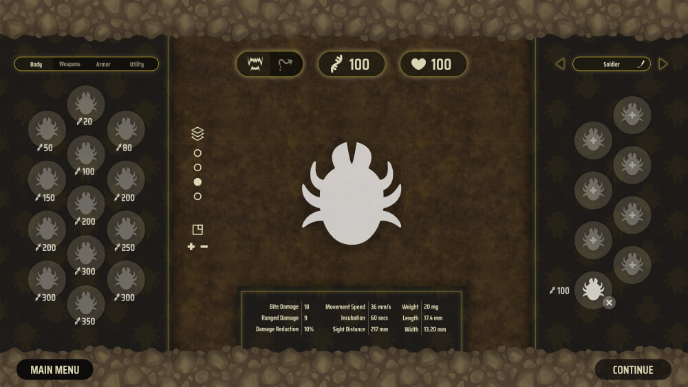 Bug creation room. On the left you can select the parts you want your bug to have, while on the right are the saved bug profiles.