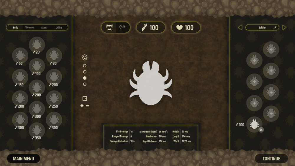 Bug creation room. On the left you can select the parts you want your bug to have, while on the right are the saved bug profiles.