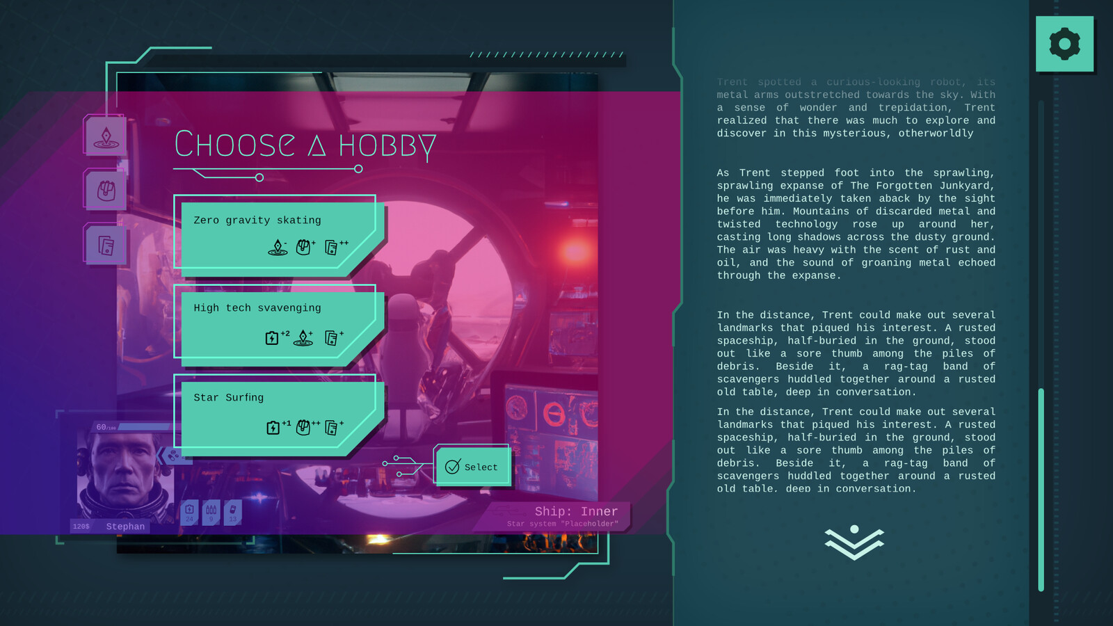The screen where you select a hobby. This will change your stats and give items to the player.